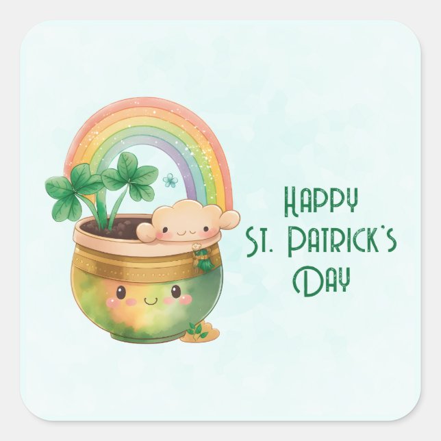 St. Patrick's Day Whimsical Rainbow & Clover Quadratischer Aufkleber (Vorderseite)