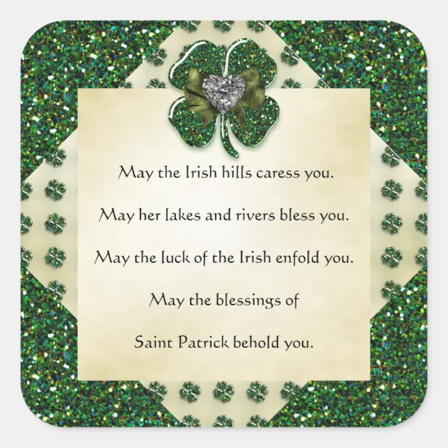 St. Patrick's Funkelnd Kleeblatt/Herzirisch Quadratischer Aufkleber (Vorderseite)