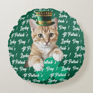 St. Patricks Glückstag Süße Katze Koboldhut, Rundes Kissen
