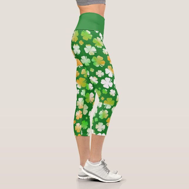 St Patrick's Kleeblatts Muster Grün Weiße Orange Capri Leggings (Rechts)