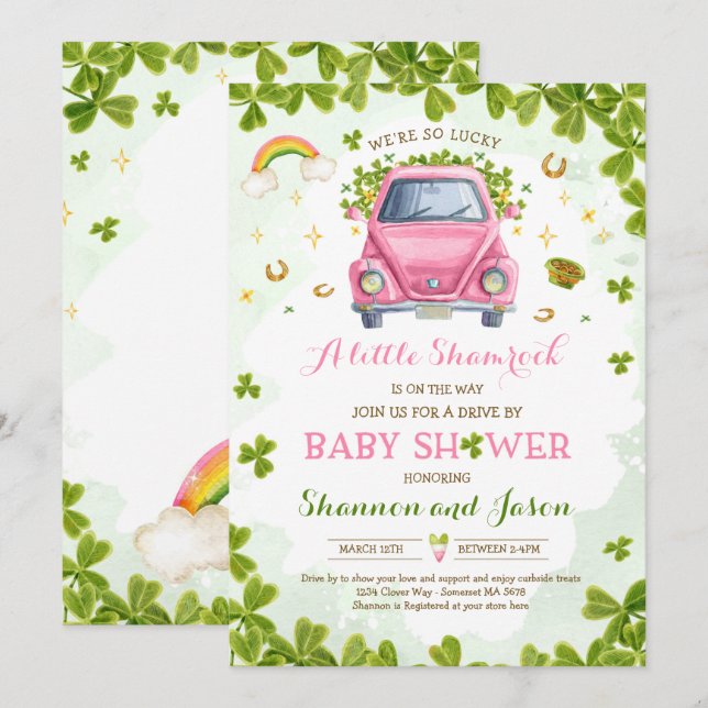 St Patrick's kleines Kleeblatt Drive by Baby Showe Einladung (Vorne/Hinten)