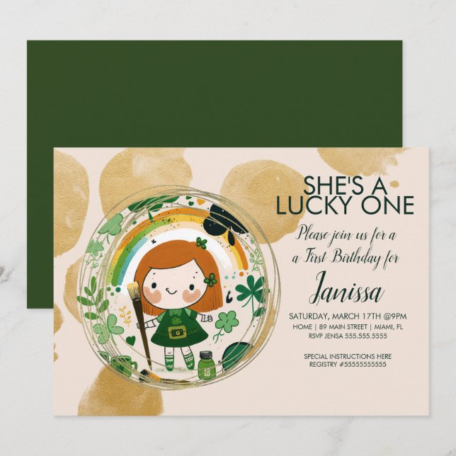 St. Patricks Lucky Birthday Girl Kleeblatt Artist Einladung (Vorne/Hinten)