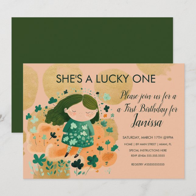 St Patricks Lucky Birthday Girl Kleeblatts Party Einladung (Vorne/Hinten)