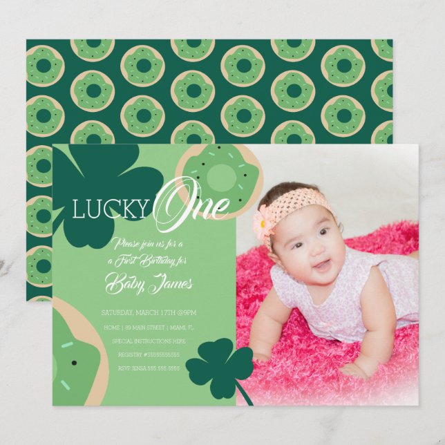 St. Patricks Lucky Erster Geburtstag Donut Foto Einladung (Vorne/Hinten)