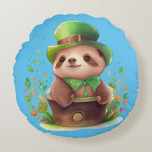 St. Patrick's Sloth und Raccoon Reversible Pillow Rundes Kissen (Vorderseite)