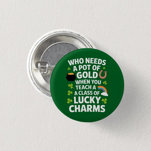 St Patricks Teacher Lucky Charm Clover Irish Button (Vorne & Hinten)