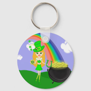 St Pat's Day Blonde Girl Leprechaun mit Regenbogen Schlüsselanhänger