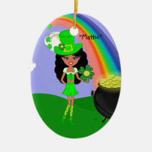 St Pat's Day Brünett Girl Leprechaun mit Regenboge Keramikornament