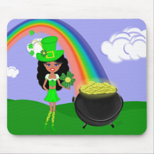 St Pat's Day Brünett Girl Leprechaun mit Regenboge Mousepad