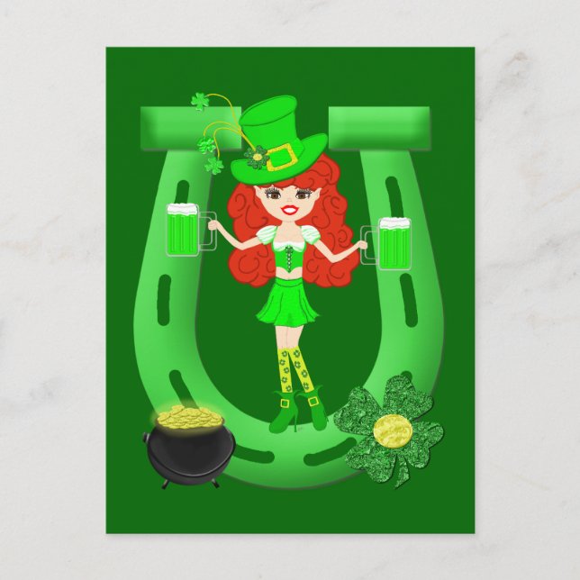St Pat's Day Redhead Girl Leprechaun Postkarte (Vorderseite)