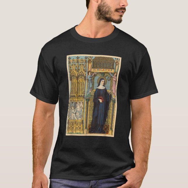 St Scholastica Benedict Katholische Heiligen T-Shirt (Vorderseite)