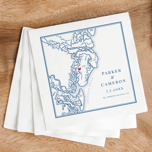 St. Simons Island GA Karte Elegant Navy Blue Weddi Serviette (St. Simons Georgia map napkin for your wedding in the Golden Isles - also includes Jekyll Island)