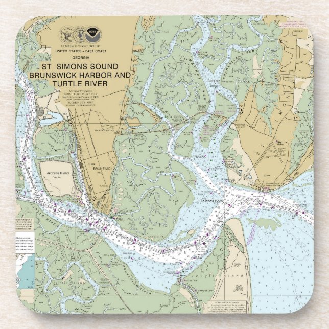 St Simons Sound Brunswick Hafen und Turtle River Getränkeuntersetzer (Vorderseite)