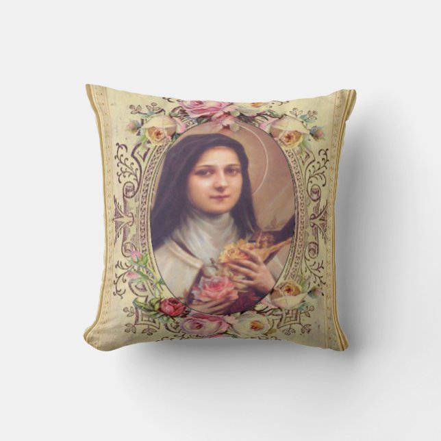St. Therese das kleine Blumen-Rosen-Kruzifix Kissen (Vorderseite)