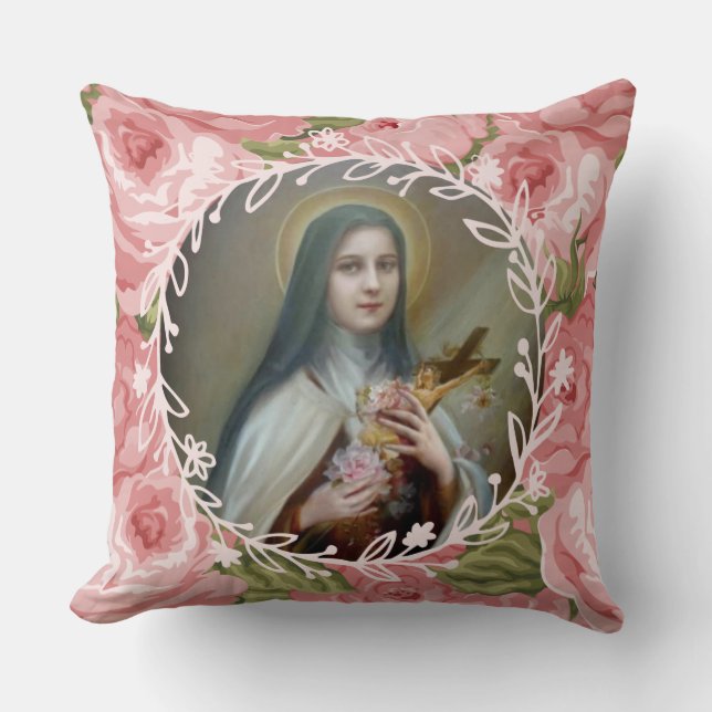 St. Therese das kleine Blumen-Rosen-Kruzifix Kissen (Vorderseite)