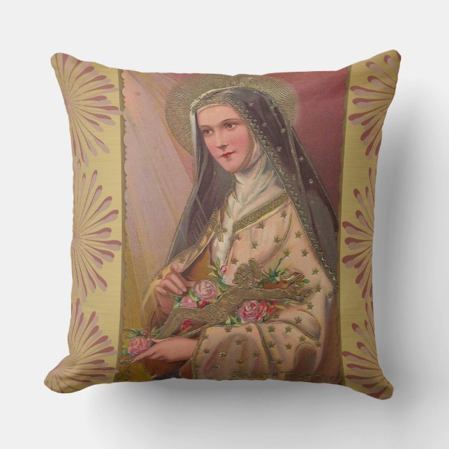 St. Therese das kleine Blumen-Rosen-Kruzifix Kissen (Vorderseite)