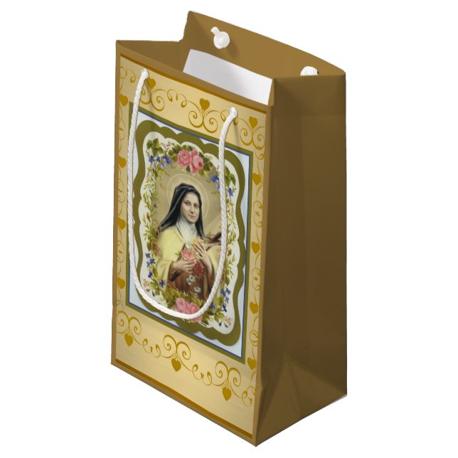 St. Therese das kleine Blumen-Rosen-Kruzifix Kleine Geschenktüte (Vorderseite Schrägansicht)