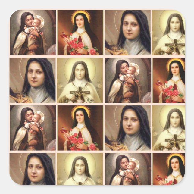 St. Therese the Little Blume Rose Crucifix Colla Quadratischer Aufkleber (Vorderseite)