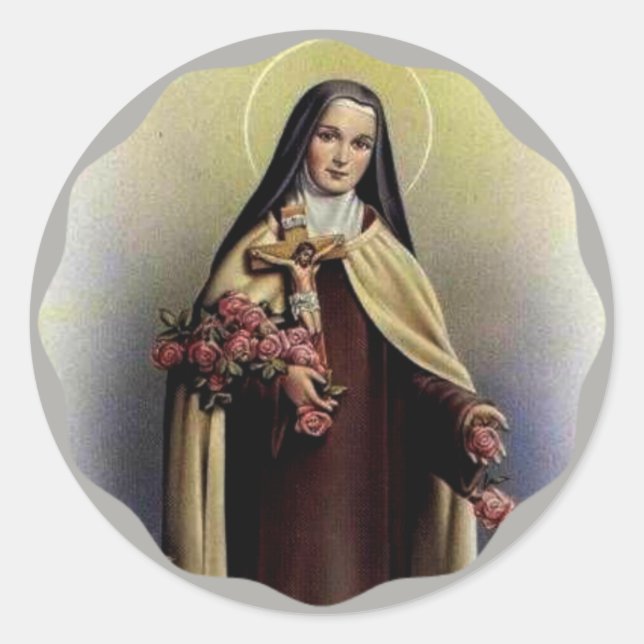 St. Therese von Lisieux mit Kruzifix/Rosen Runder Aufkleber (Vorderseite)
