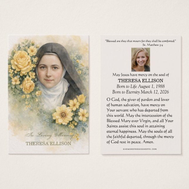 St. Therese Yellow Floral Funeral Prayer Memorial  (Devant & derrière)