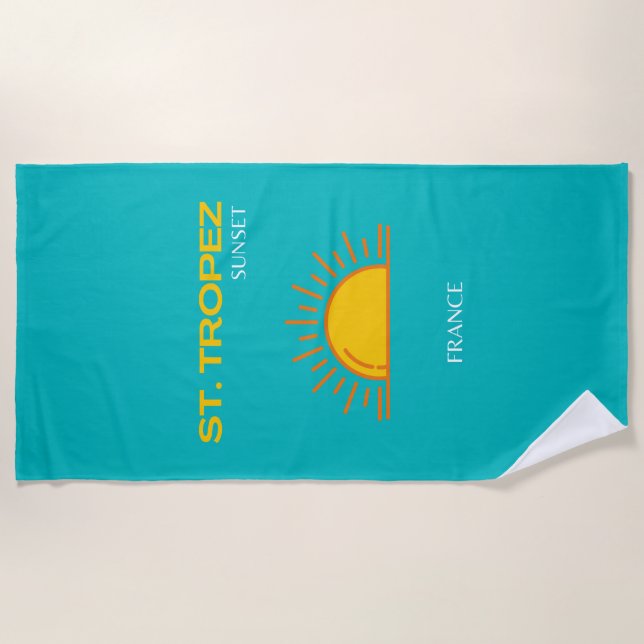 St Tropez, Sunset, Travel Art, Türkis Strandtuch (Vorderseite)