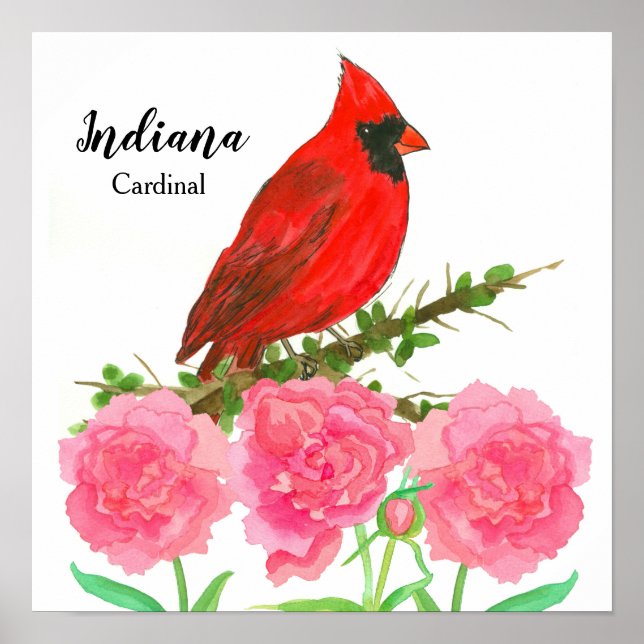Staat Bird of Indiana Red Kardinal Peonies Poster (Vorne)