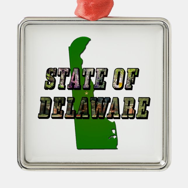 Staat von Delaware Picture Text & Map Kontur Silbernes Ornament (Vorne)