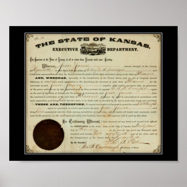 Staat von Kansas 1875 Jesse James Extraditionsorde Poster (Vorne)