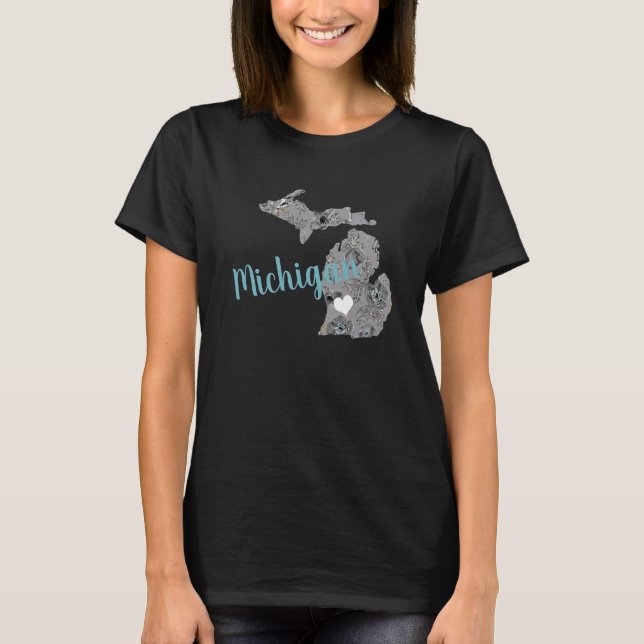 Staat von Michigan Gray Blue Pupies Blumenmuster T-Shirt (Vorderseite)