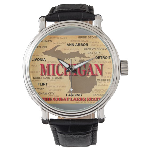 Staat von Michigan Map, Detroit, Lansing Armbanduhr (Vorderseite)