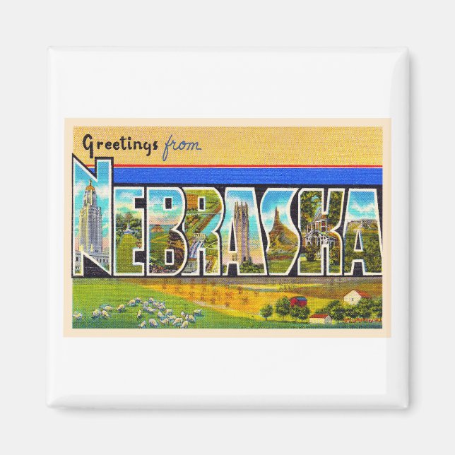 Staat von Nebraska NE Vintager Großbuchstabe Postk Magnet (Vorne)