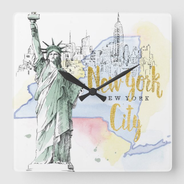 Staat von New York | Freiheitsstatue Quadratische Wanduhr (Vorderseite)