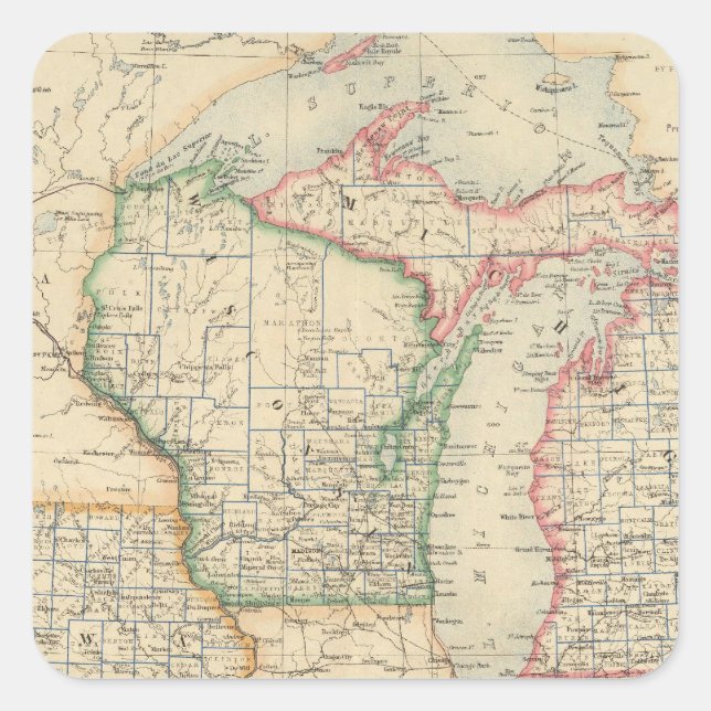 Staaten von Michigan, Wisconsin und Iowa Quadratischer Aufkleber (Vorderseite)
