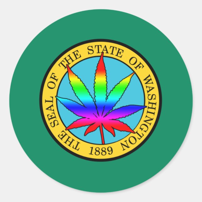 Staatsflagge in Washington mit Leaf- und Regenboge Runder Aufkleber (Vorderseite)