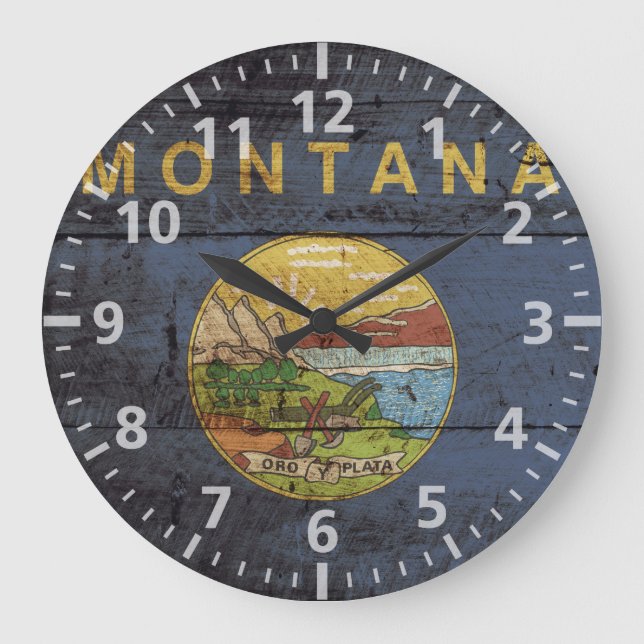 Staatsflagge von Montana auf Altholzkörnern Große Wanduhr (Vorderseite)