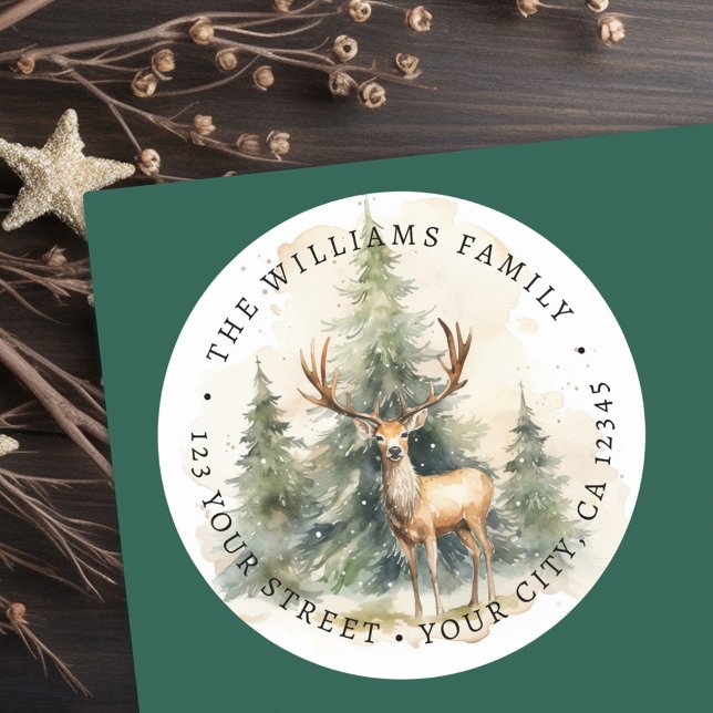 Stab und Weihnachtsbäume Aquarell Rücksendeadresse Runder Aufkleber (Stag and Christmas trees watercolor return address Classic Round Sticker)