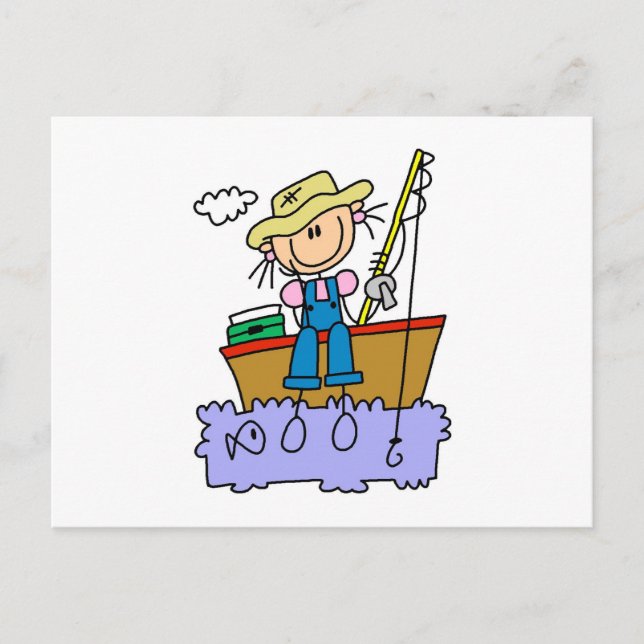 Stäbchenfigur Mädchen Fischen Postkarte (Vorderseite)