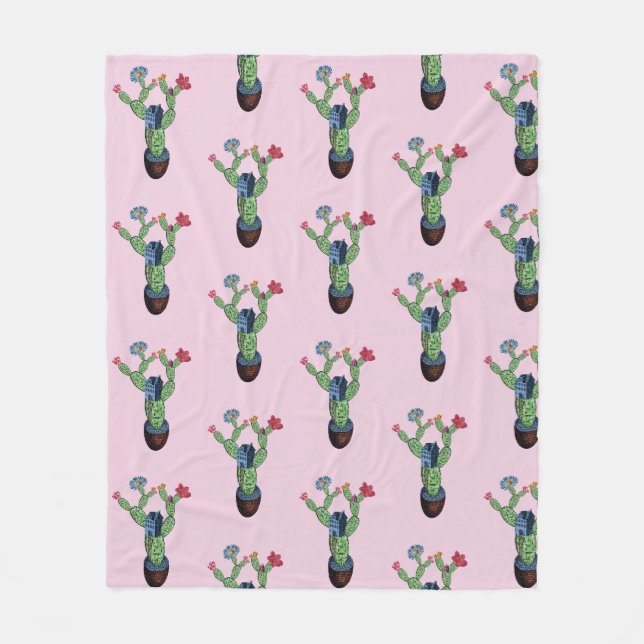 Stacheliger Kaktus mit Blumen Fleecedecke (Vorderseite)