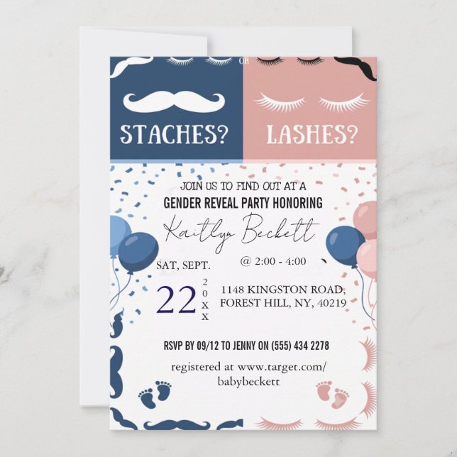 Staches oder Lashes Geschlecht Enthüllung Einladun Einladung (Vorderseite)
