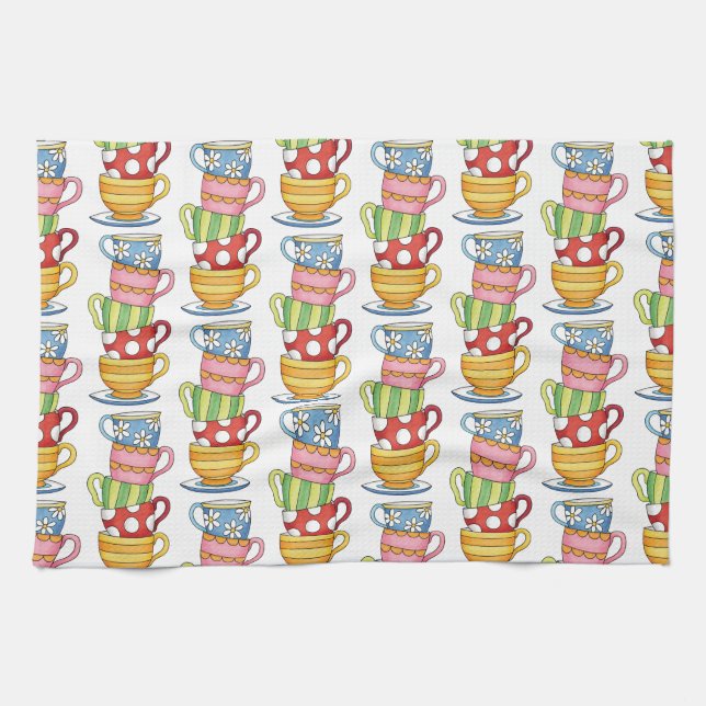 Stacked Teacups Teatime Illustration Geschirrtuch (Horizontal)