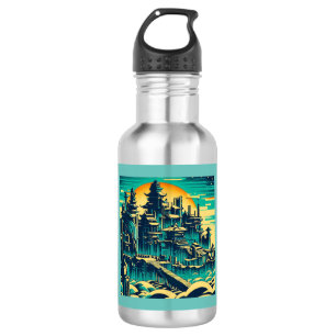 Stadt Atlantis 1 - Holzschnitt Edelstahlflasche