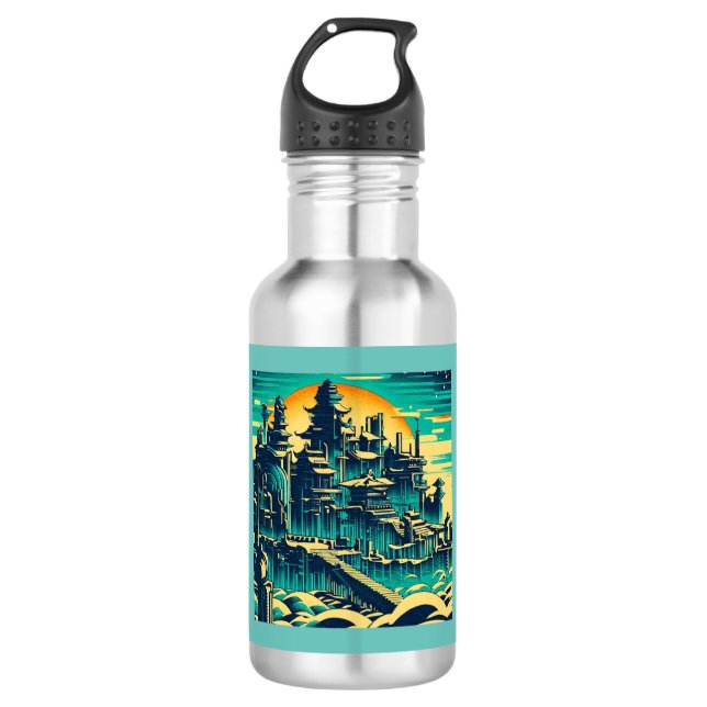 Stadt Atlantis 1 - Holzschnitt Edelstahlflasche (Vorderseite)