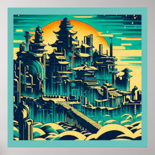 Stadt Atlantis 1 - Holzschnitt Poster