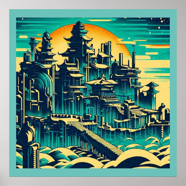 Stadt Atlantis 1 - Holzschnitt Poster (Vorne)