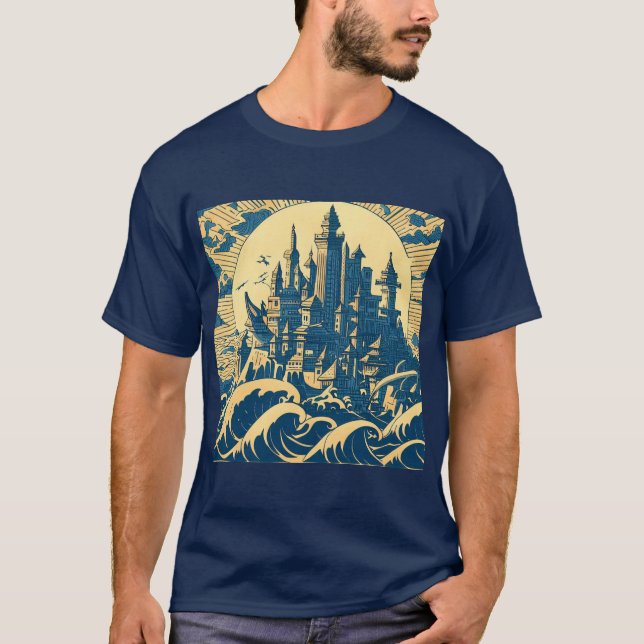 Stadt Atlantis 3 - Holzschnitt T-Shirt (Vorderseite)
