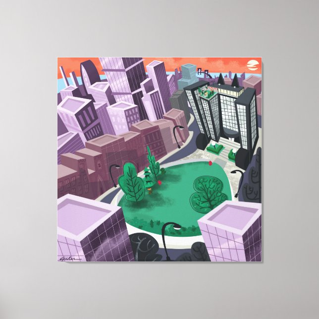 Stadt bei Sonnenuntergang Leinwanddruck (Vorderseite)