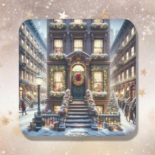 Stadt Brownstone zu Weihnachten Quadratischer Aufkleber