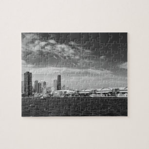 Stadt - Chicago-Skyline u. der Marine-Pier BW