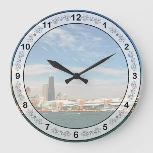 Stadt - Chicago Skyline und der Navy Pier Große Wanduhr