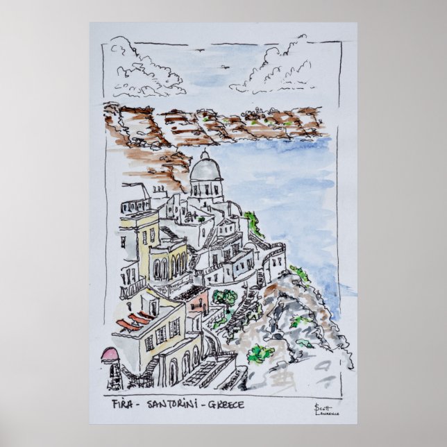 Stadt Fira | Insel Santorini, Griechenland Poster (Vorne)